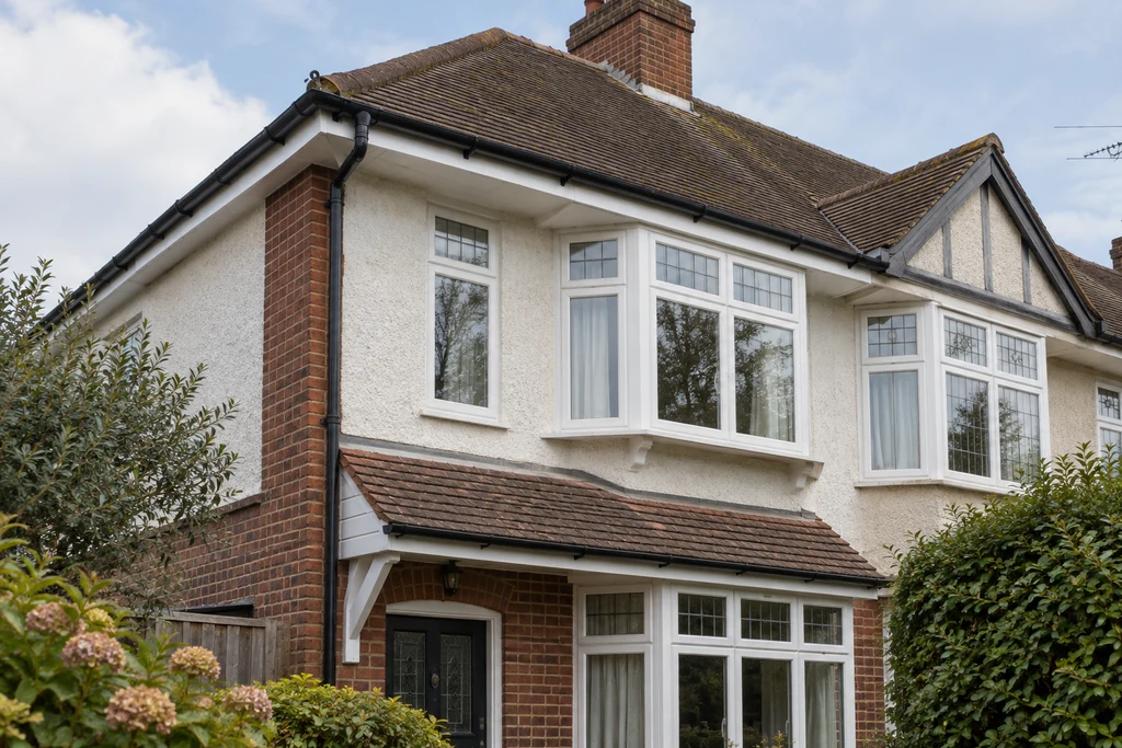 AI-generated illustration: white fascia and soffit with black guttering on a semi-detached house