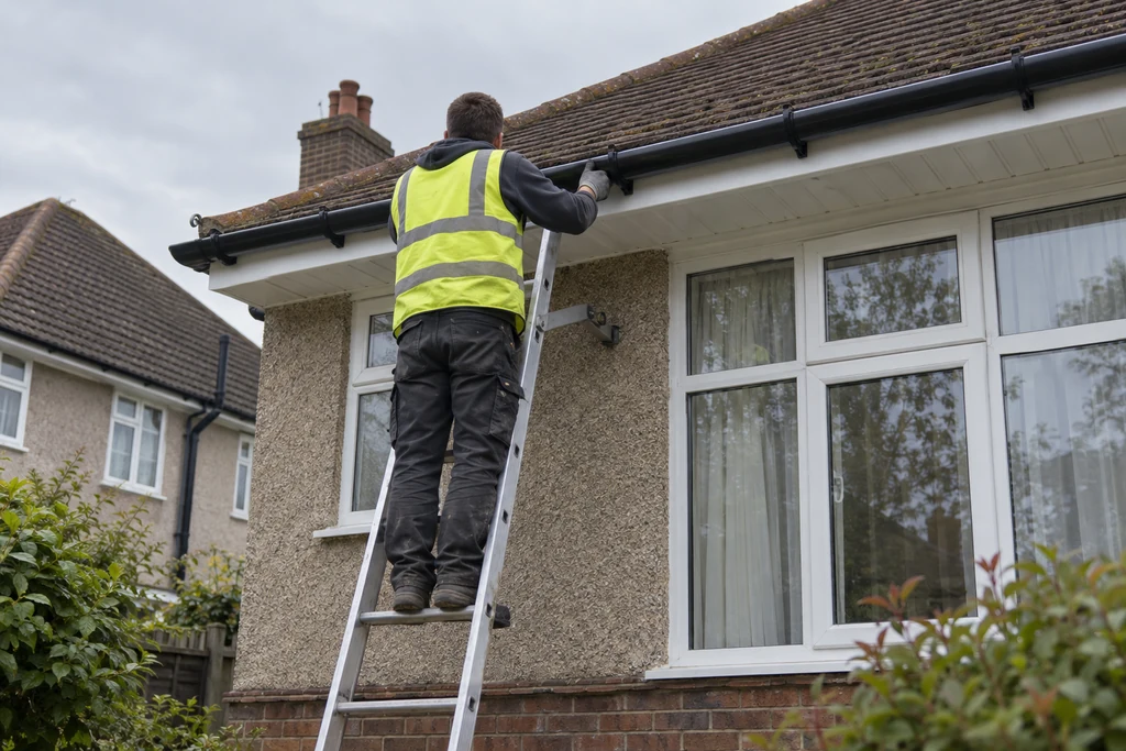 AI-generated illustration: roofer seen from behind fitting black guttering from a ladder