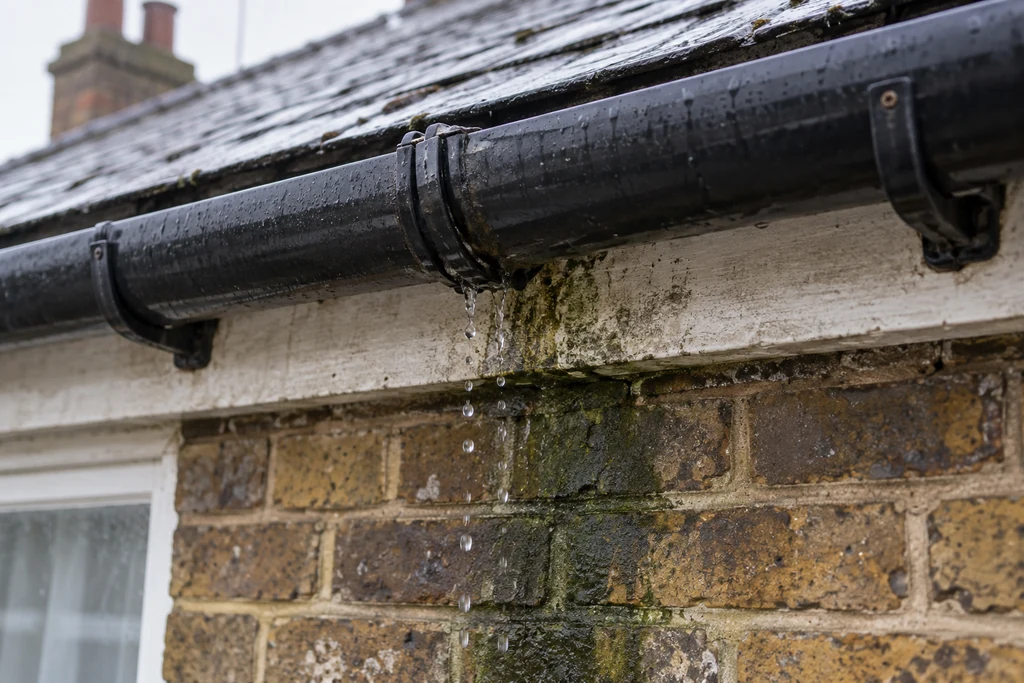AI-generated illustration: water dripping from an old black gutter joint above green-stained brickwork