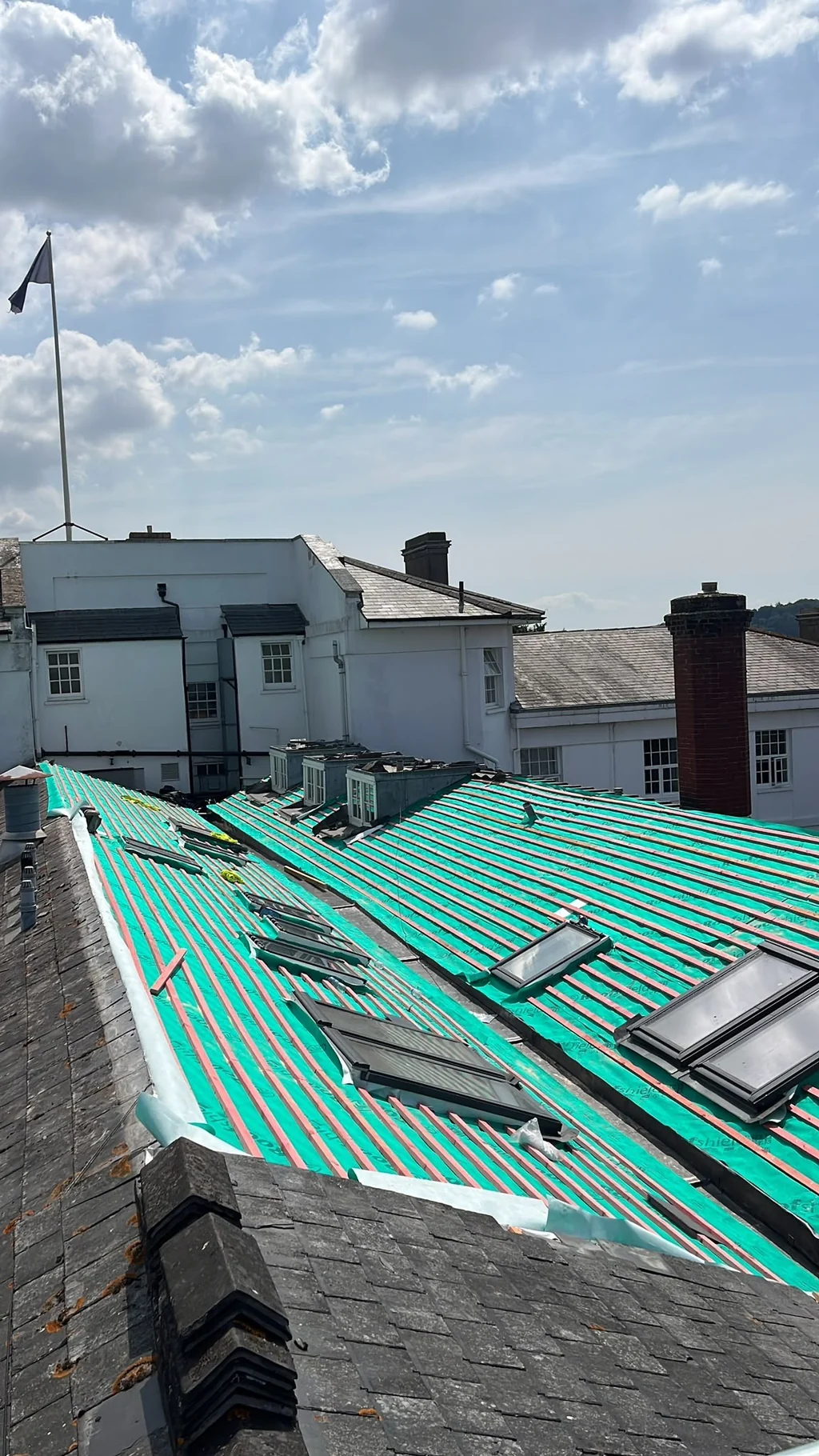 Green roof underlay and timber battens around roof windows